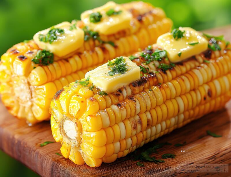 Grilled Corn Cobs With Butter and Herbs on Wooden Board