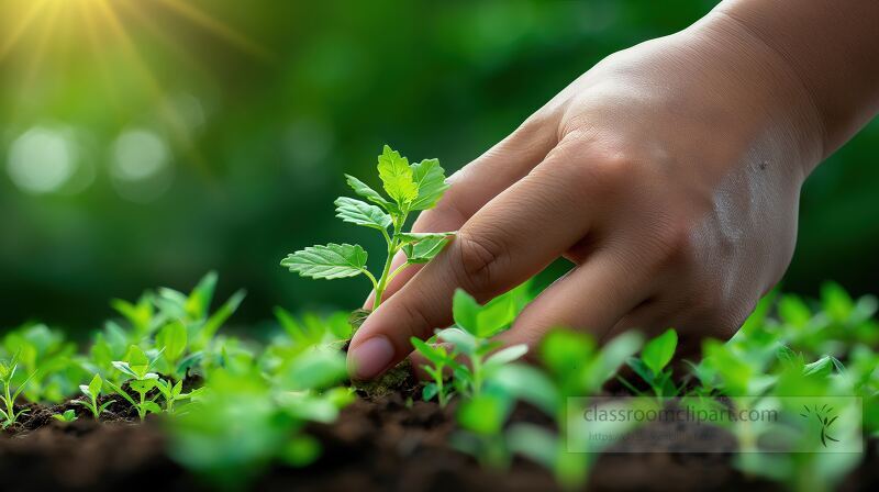 Hands are gently removing weeds from a vibrant green garden Sunlight filters through the leaves highlighting the effort of maintaining healthy plants in a nurturing environment