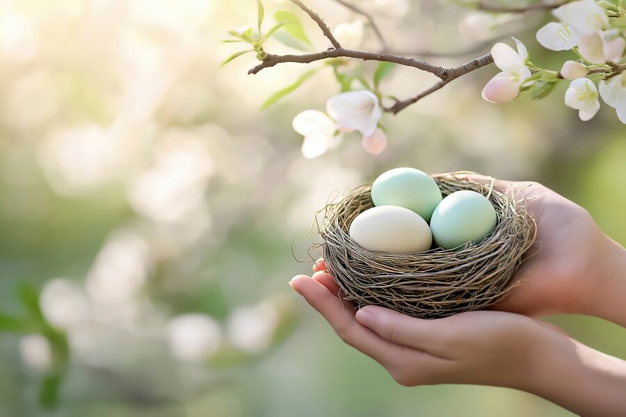 A gentle pair of hands hold a delicate nest containing three pastel colored eggs