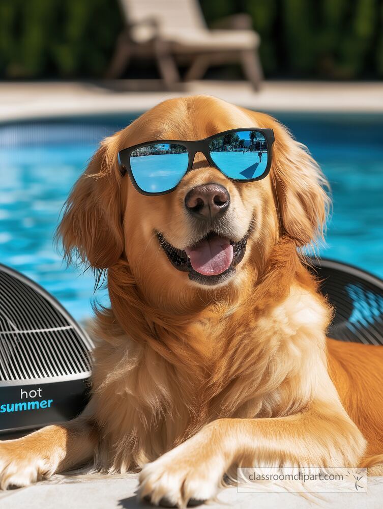 A golden retriever wearing sunglasses relaxes by the pool on a sunny day The dog appears cheerful and comfortable embodying the spirit of summer