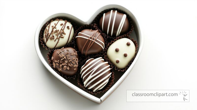 A heart shaped container holds six beautifully crafted chocolates Each piece features unique designs in dark and white chocolate perfect for gifting on special occasions