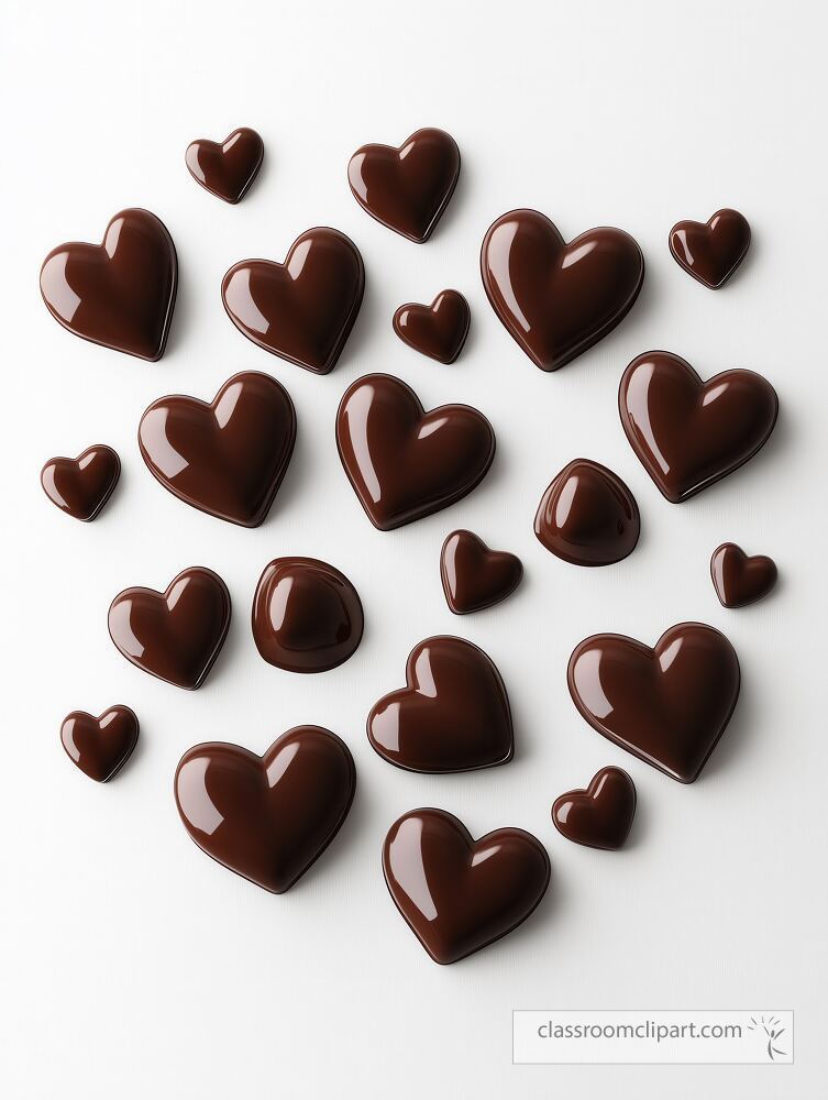 Various chocolate pieces in the shape of hearts are artistically arranged on a flat surface The rich brown color of the chocolate creates a visually appealing display