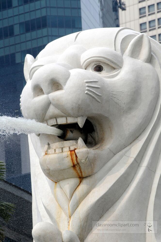 The famous Merlion statue stands majestically, its mouth spraying water into the air, surrounded by the bustling skyline of Singapore, creating a vibrant urban atmosphere.