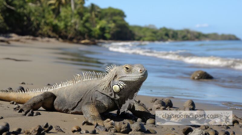 A large iguana rests on the sandy beach in Costa Rica surrounded by rocks and the gentle waves of the ocean Lush greenery lines the shore under a clear blue sky