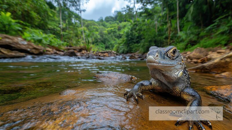 A vibrant iguana basks on a rock near a clear river in Costa Rica Lush greenery surrounds the area showcasing the rich biodiversity of the tropical environment