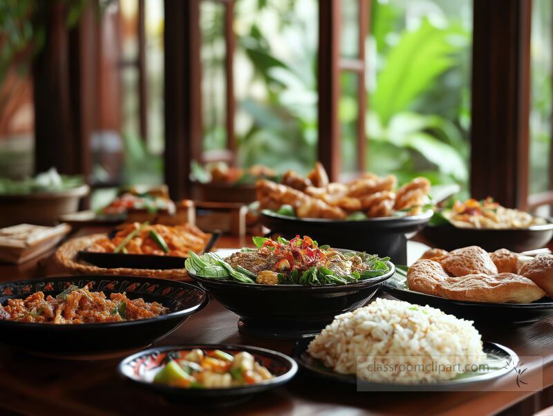 A delightful array of Indonesian dishes fills a dining table adorned with rich colors and textures. The warm atmosphere invites friends and family to gather and enjoy the culinary delights.