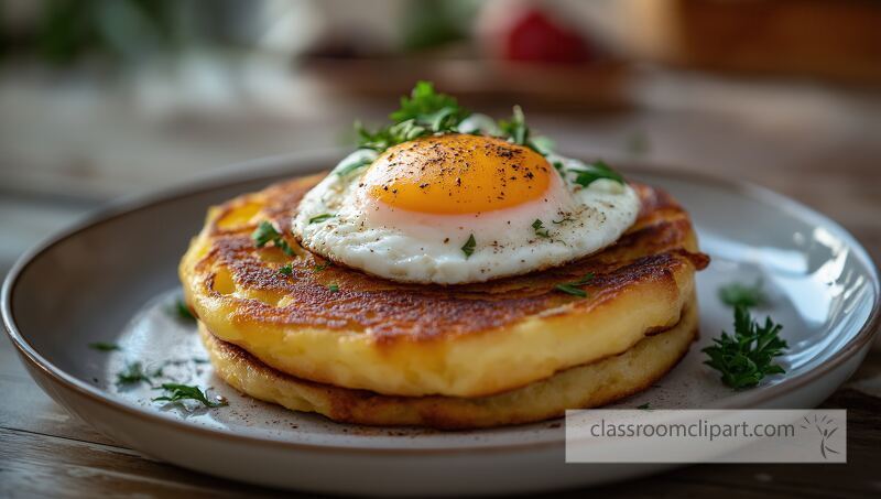 This elegant dish features a roasted base topped with a sunny side up egg and fresh herbs presented beautifully on a rustic plate in a cozy dining setting