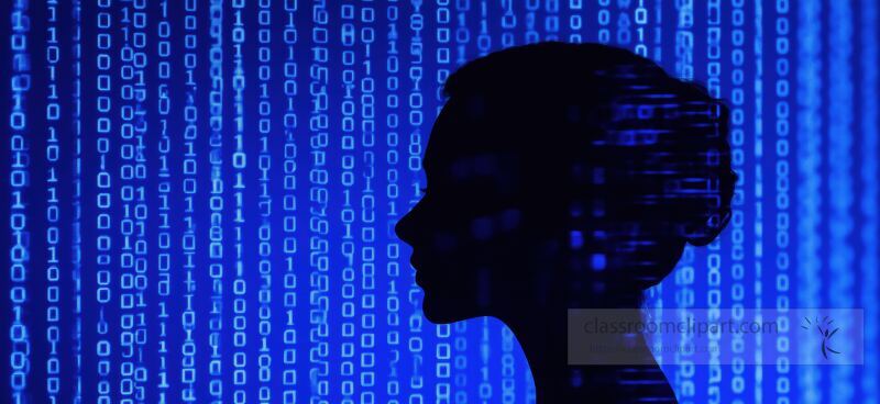 A striking silhouette of an AI head stands out against a vibrant blue background filled with flowing binary code, symbolizing digital transformation and innovation in technology.