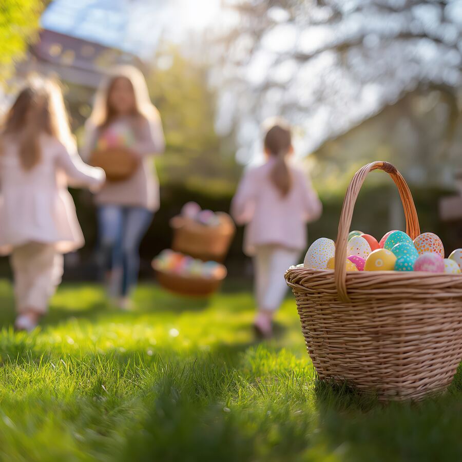 Children in pastel outfits collect colorful eggs in a sunny backyard while parents watch