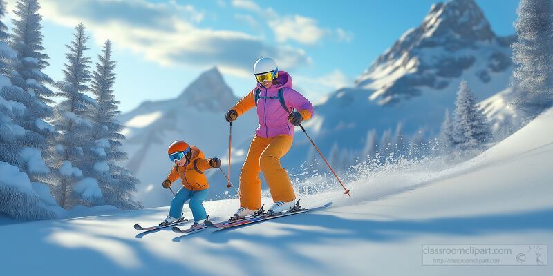 A parent skillfully guides their child down a snowy mountain surrounded by towering peaks and pine trees. Colorful gear contrasts with the sparkling white snow under clear blue skies.