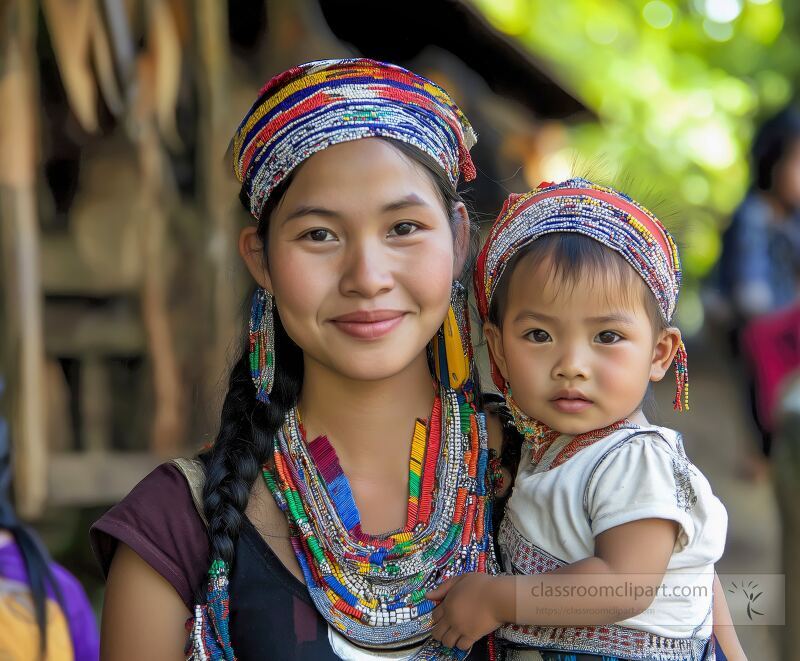 Two members of the Karen Tribe in Thailand display vibrant traditional dress The young woman holds a child both adorned with colorful accessories highlighting cultural heritage