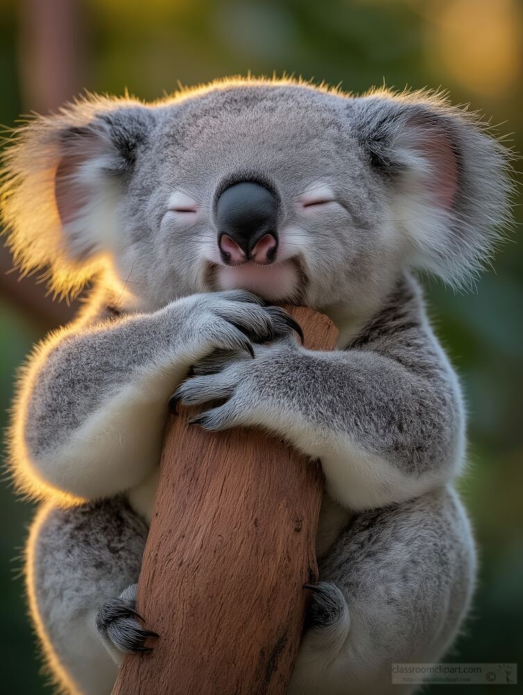 A playful koala is snugly wrapped around a wooden branch, eyes closed in blissful contentment. Soft sunlight illuminates its fluffy fur in a serene natural setting.