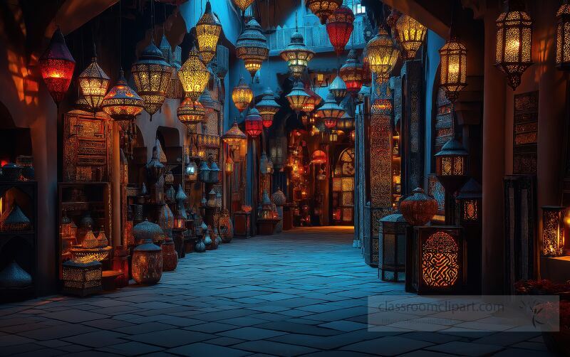 Twinkling lanterns cast shimmering light across a narrow Moroccan market alley, revealing intricate designs and vibrant colors. The atmosphere is alive with mystique and charm.