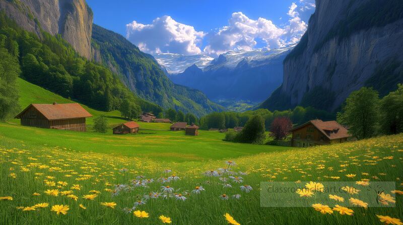 Vibrant green valley in Lauterbrunnen features wooden houses and colorful flowers High mountains surround the area under a bright blue sky with fluffy clouds