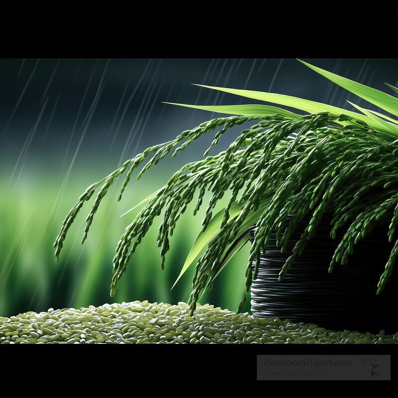 Raindrops softly fall on vibrant green plants creating a tranquil atmosphere The lush foliage is complemented by grains scattered nearby enhancing the peaceful setting