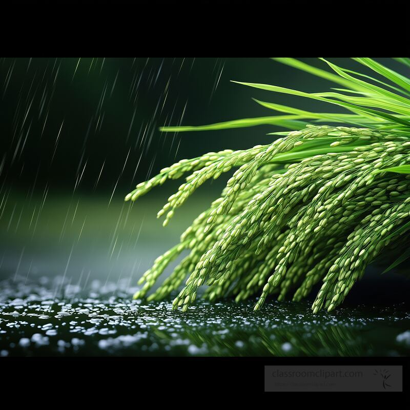 Green rice plants sway under soft rain droplets glistening on their grains The lush landscape creates a serene and tranquil atmosphere embodying natures beauty and nourishment