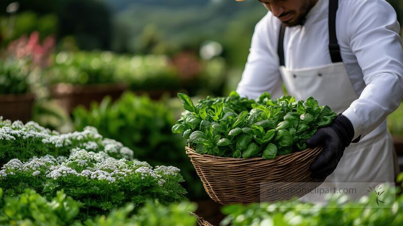 A dedicated gardener tends to a lush herb garden at a luxury hotel Carefully collecting vibrant greens he prepares to enhance the culinary experience of guests