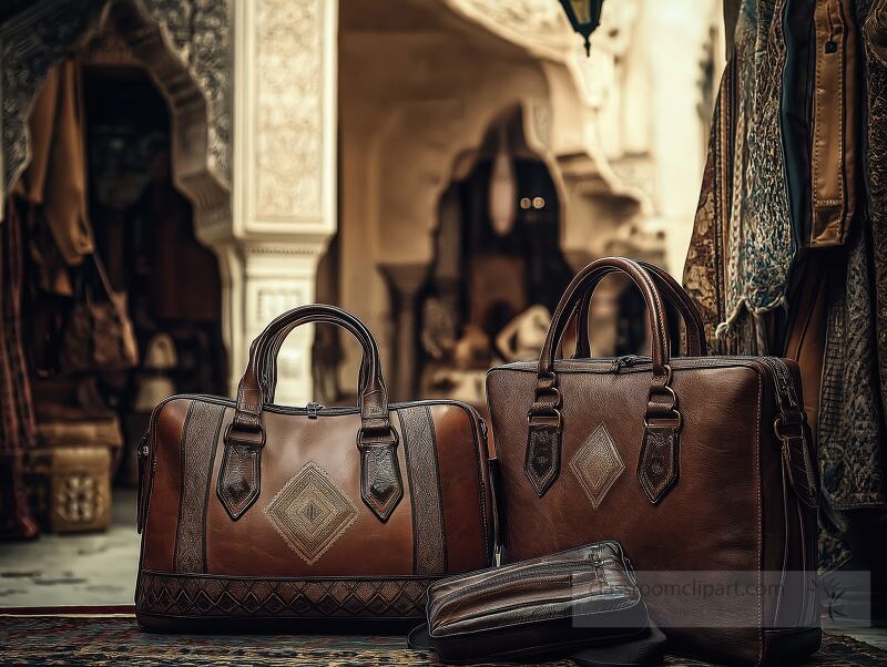 In a tranquil Egyptian oasis, exquisite moroccan leather bags display rococo elegance, blending traditional craftsmanship with a peaceful, natural backdrop.