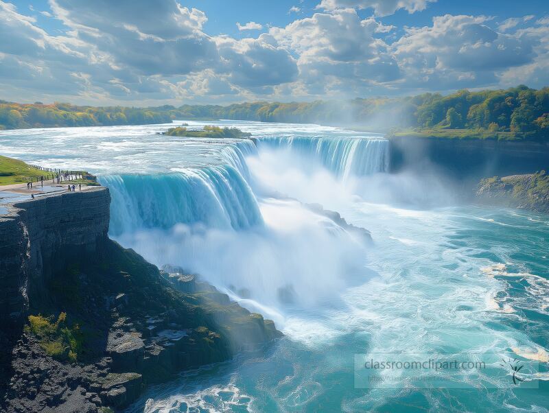 Clear blue water rushes over the breathtaking cliffs of Niagara Falls, creating a vivid spectacle against a brilliant blue sky. Visitors marvel at natures beauty on a sunny day.