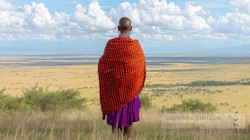 A Maasai woman stands proudly with her back towards the viewer, adorned in traditional attire. She overlooks the vast plains of the Maasai Mara, where the golden grasses meet the sky.