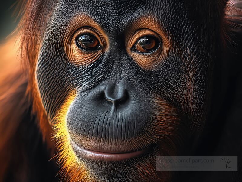 A close up view reveals the wise eyes and majestic presence of an orangutan in its lush forest habitat. Soft ambient lighting highlights its striking features and warm fur tones.