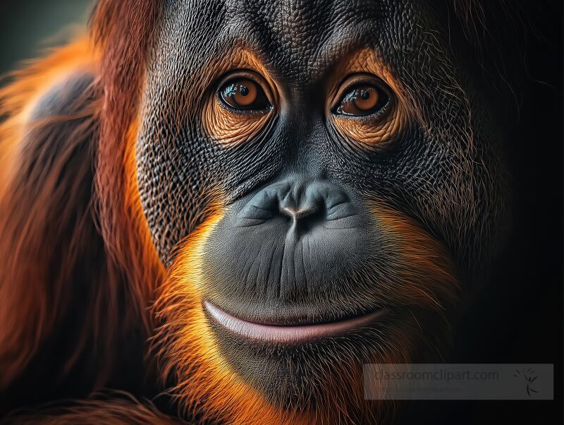 A striking portrait captures the wise eyes of an orangutan. The soft focus and rich colors highlight the apes majestic presence in a serene natural setting.