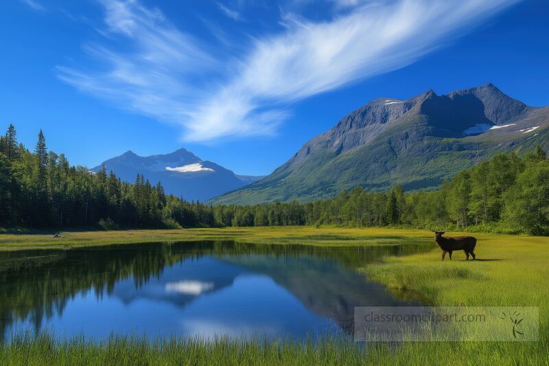 A serene moment unfolds as a lone animal grazes by a shimmering lake, surrounded by towering mountains and lush greenery under a bright blue sky.