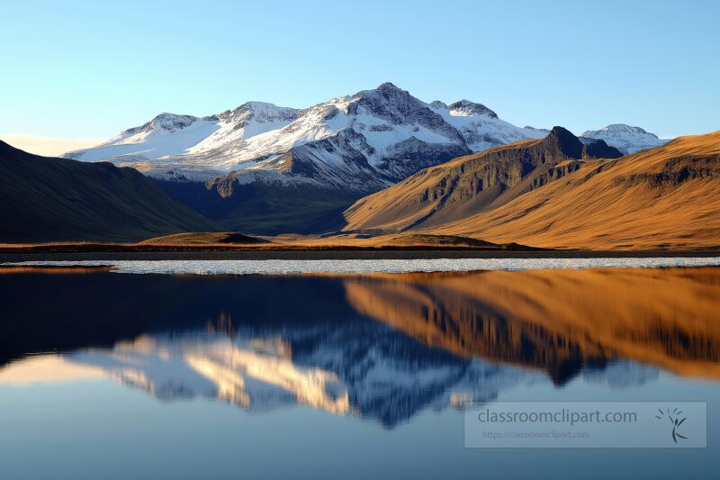 During twilight in Iceland, mountains with snow capped peaks stand proudly against the amber sky. Clear waters in the foreground reflect this stunning view, creating a peaceful atmosphere.