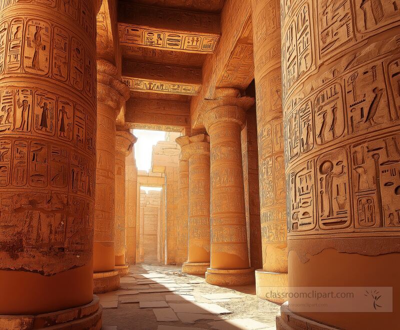 Intricately carved sandstone columns rise majestically in Karnak Temple Luxor Warm sunlight illuminates the hall showcasing ancient Egyptian art and grandeur