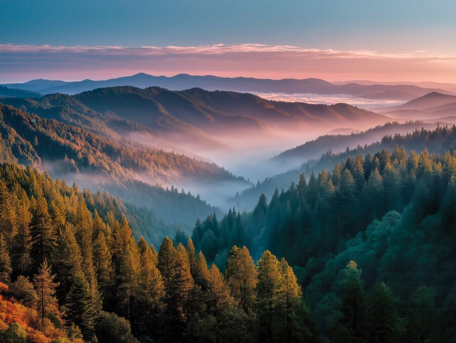 Soft sunlight dances on the misty valleys filled with lush greenery and rolling hills
