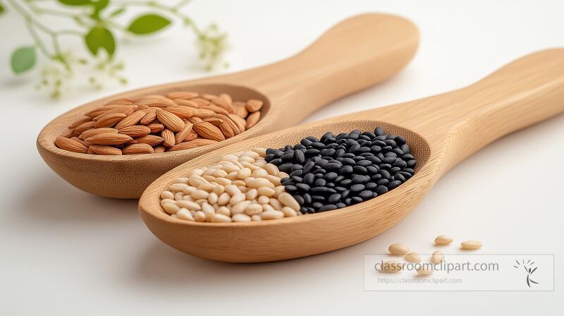 Two wooden spoons hold a variety of mixed grains One spoon contains brown rice while the other features black and white sesame seeds The arrangement highlights colors and textures