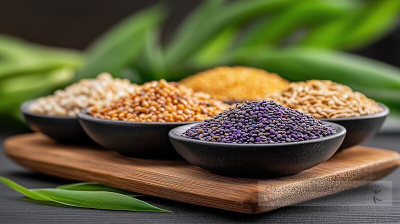 Various types of mixed grains are showcased on a wooden board The grains include black yellow brown and white varieties surrounded by fresh green plants highlighting their natural appeal