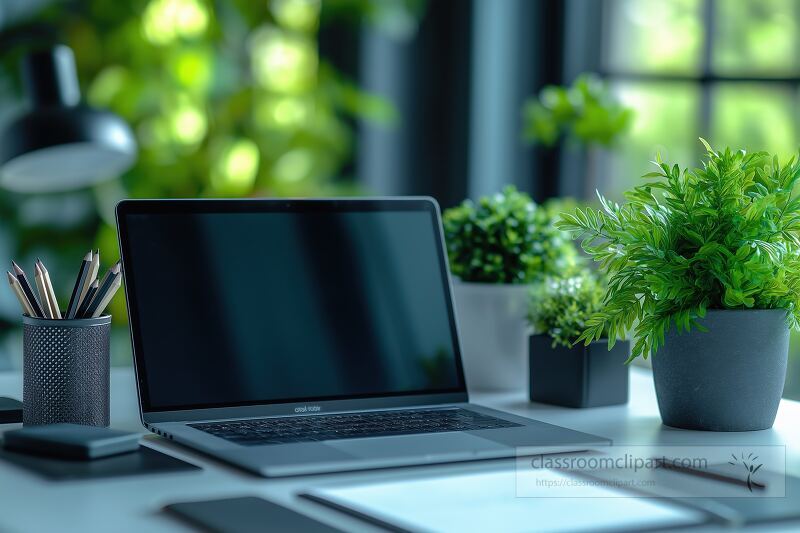 In a bright and modern office a sleek laptop is placed on a clean white desk surrounded by vibrant green plants creating a refreshing work environment