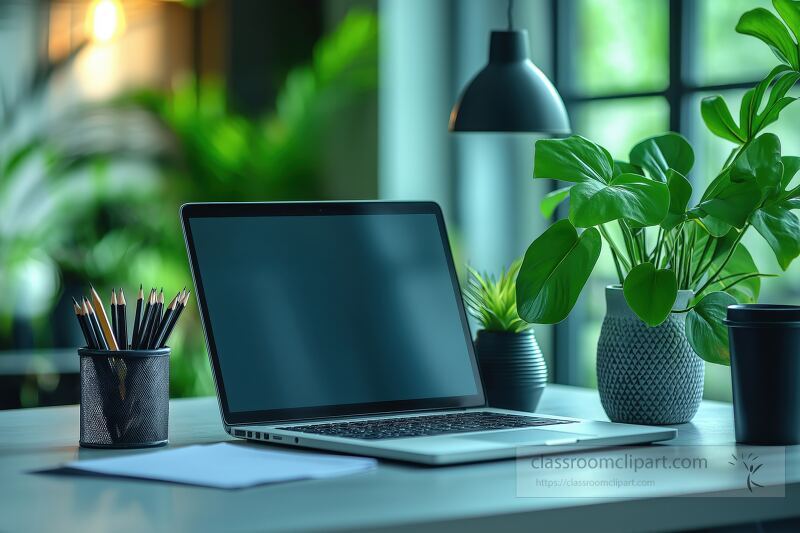 A sleek laptop rests on a minimalist desk in a modern office Potted plants surround the workspace creating a vibrant atmosphere The setting emphasizes tranquility and productivity