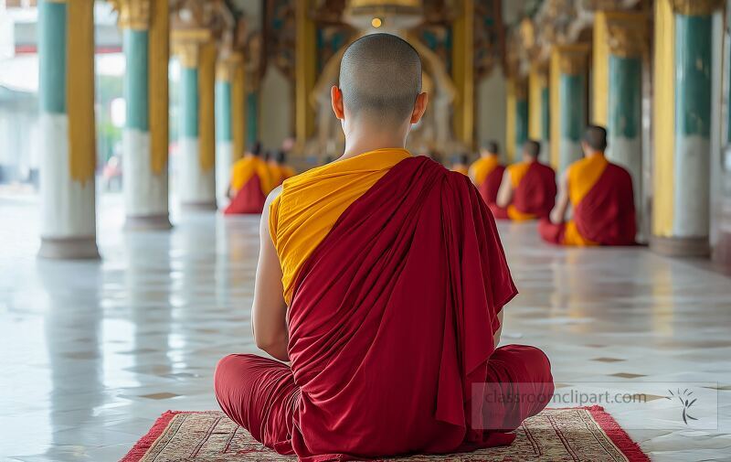 Several monks in traditional robes meditate and pray quietly inside a serene temple in Myanmar showcasing a moment of reflection and spirituality