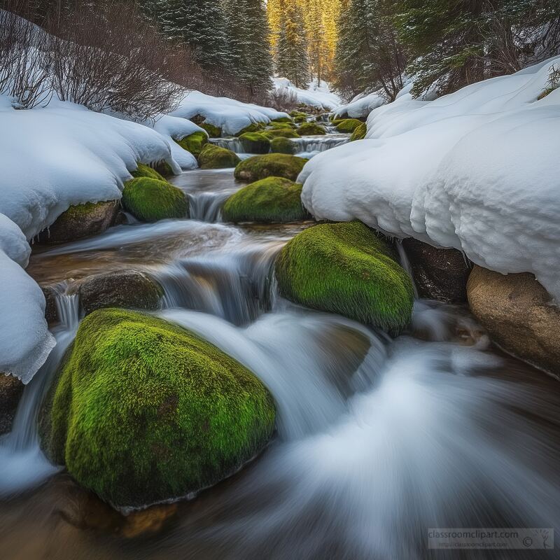 Mossy Rocks by a Snowy Stream in Colorado