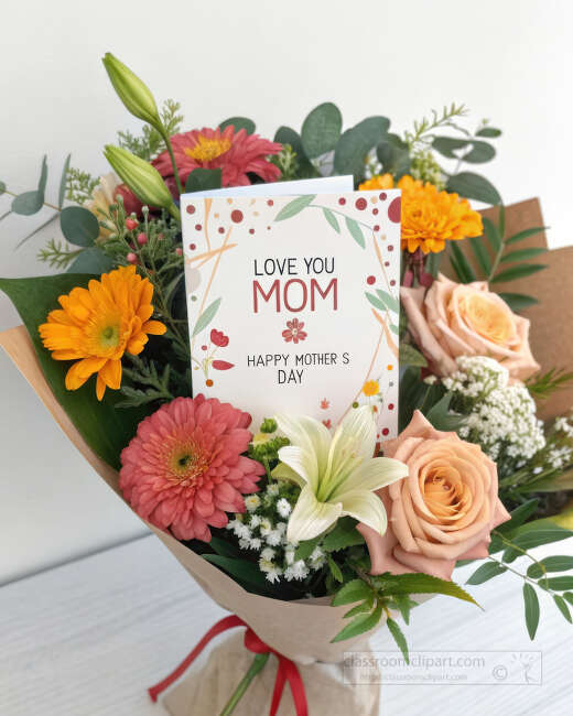 A wrapped bouquet with peach roses gerbera and lily features a card for Mothers Day celebration