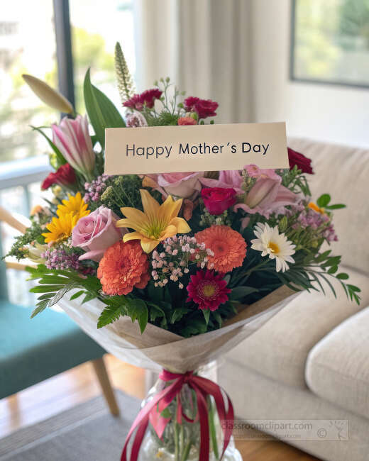 A colorful bouquet in a vase with a Happy Mothers Day card brightens a cozy living room