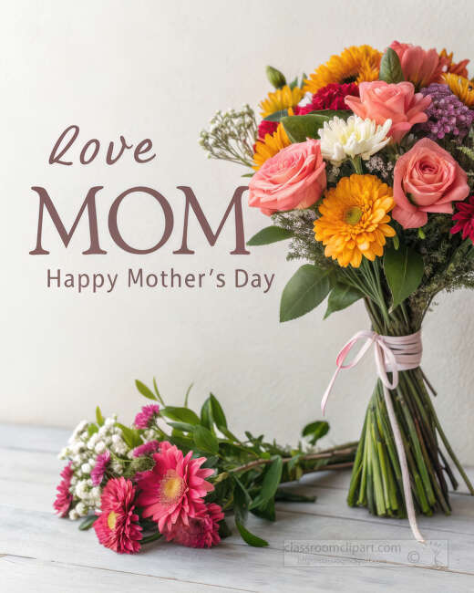 A hand tied bouquet with pink roses and bright gerbera stands beside a warm Mothers Day message