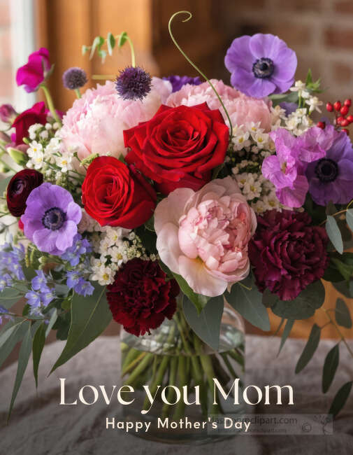A lush bouquet of red roses pink peonies and purple flowers fills a vase with a Mothers Day message