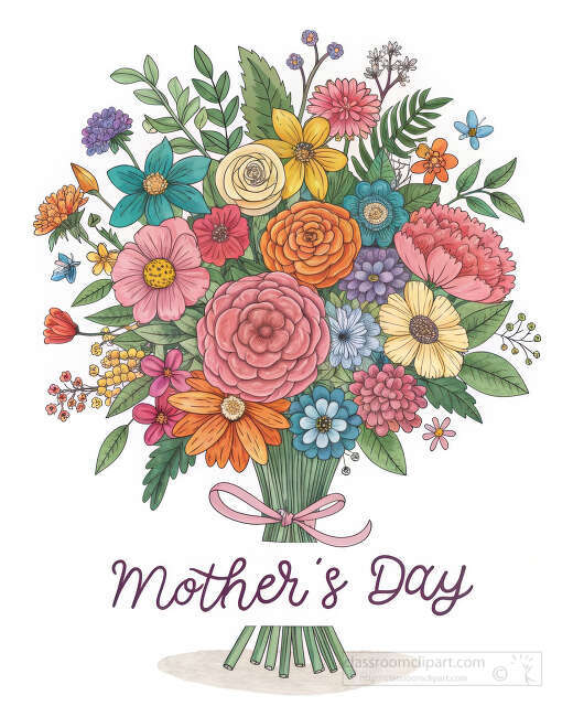 A colorful flower bouquet with a pink ribbon and Mothers Day text creates a cheerful spring greeting