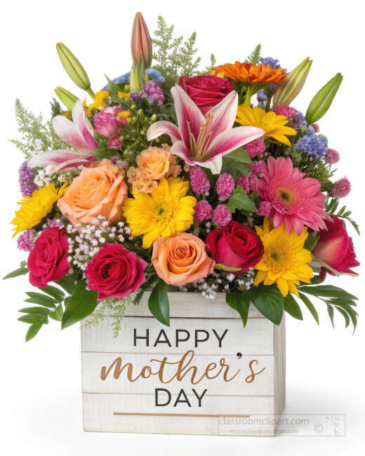 A colorful flower box with lilies roses and gerbera blooms features a bold Mothers Day message