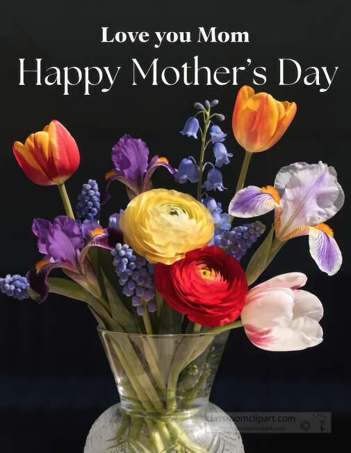 A glass vase filled with tulips irises and bright blooms stands below a Mothers Day message on black