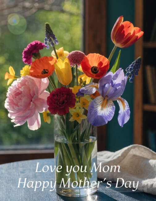 A glass vase of colorful spring flowers by a sunny window shares a warm Mothers Day message