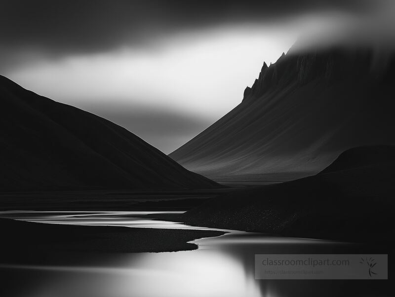 Dark mountains loom over a tranquil river, shrouded in mist and mystery. The high contrast captures the essence of Icelands raw and moody beauty at dusk.