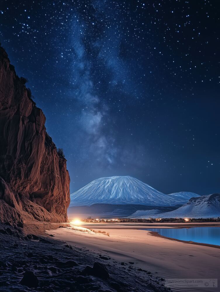 Nighttime Wonder by the Snowy Mountain and River