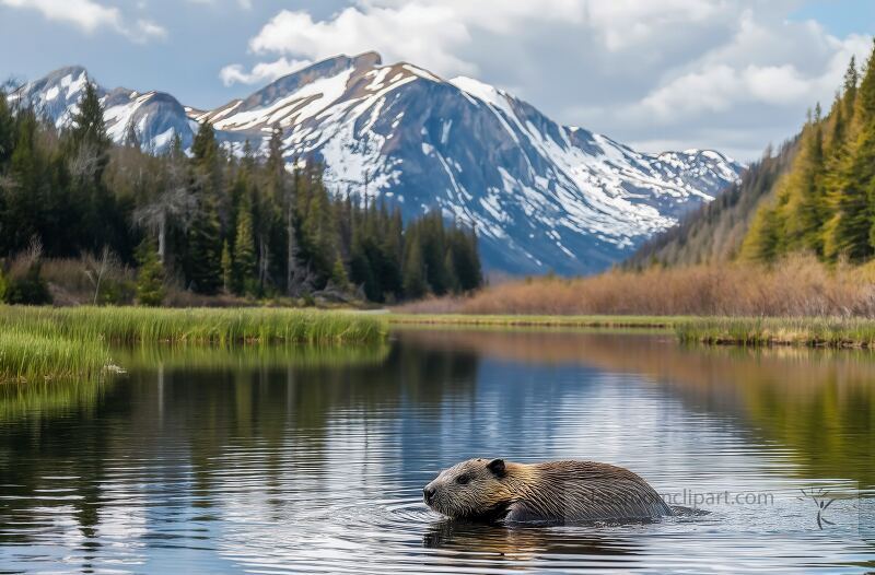 A North American Beaver is swimming in a tranquil lake surrounded by snow capped mountains in Glacier National Park The serene water reflects the beautiful landscape