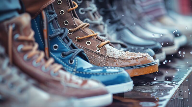 A neat array of polished shoes showcases careful cleaning efforts. One shoe is gently brushed while droplets of water add to the fresh, vibrant atmosphere of the moment.