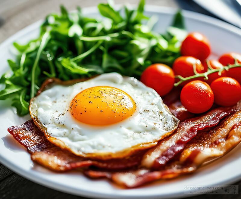 Perfectly Fried Egg With Crispy Bacon and Fresh Salad