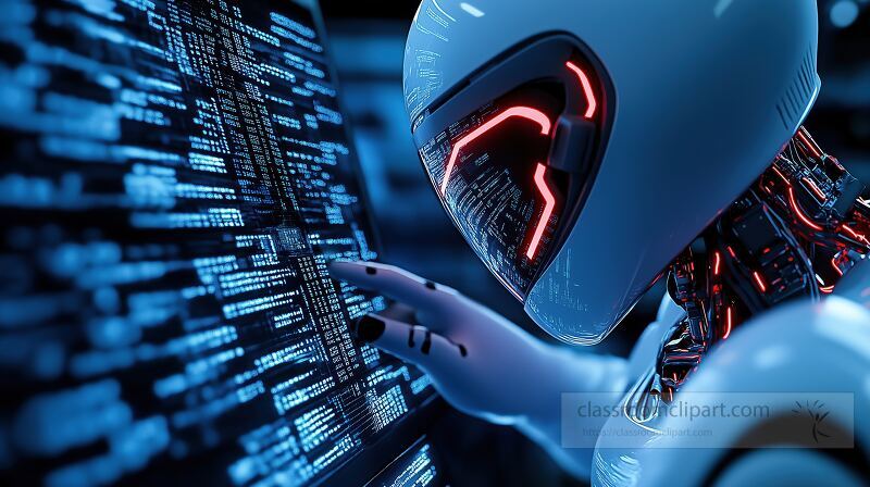 A futuristic robot engages with a glowing digital screen displaying complex data The setting is likely a high tech lab where technological advancements unfold